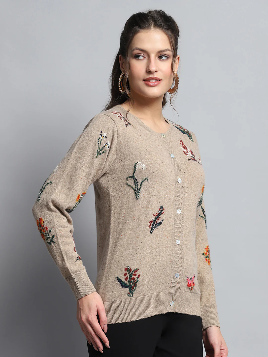 Women Camel Brown Self Design Round Neck Full Sleeve Cardigan - Image 4