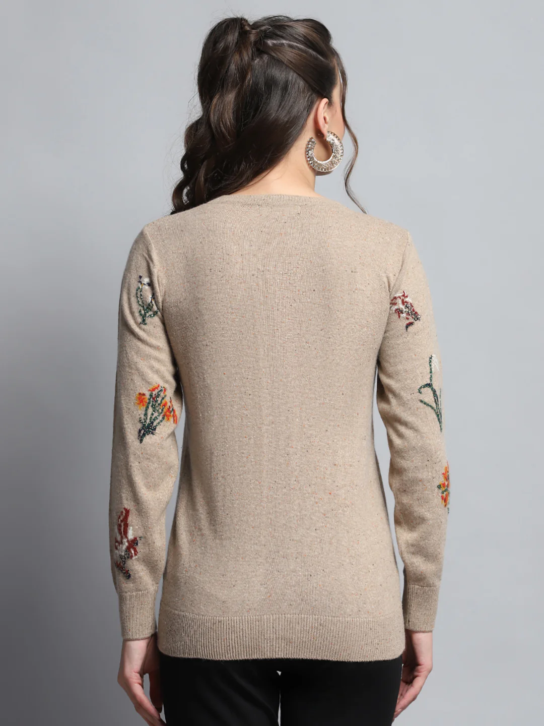 Women Camel Brown Self Design Round Neck Full Sleeve Cardigan - Image 5