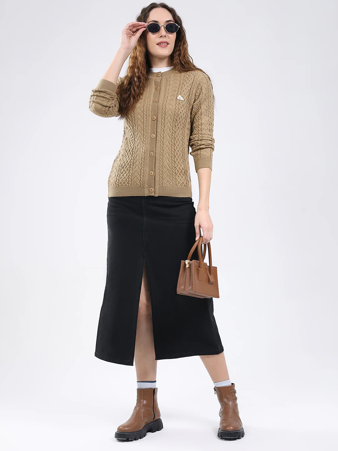 Women Camel Brown Self Design Round Neck Full Sleeve Cardigan - Image 2