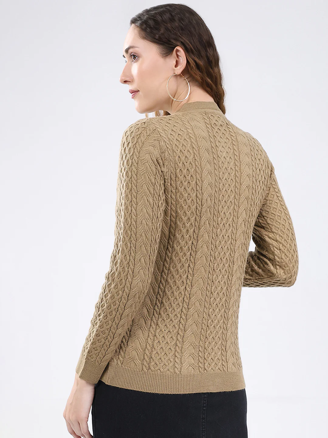 Women Camel Brown Self Design Round Neck Full Sleeve Cardigan - Image 5
