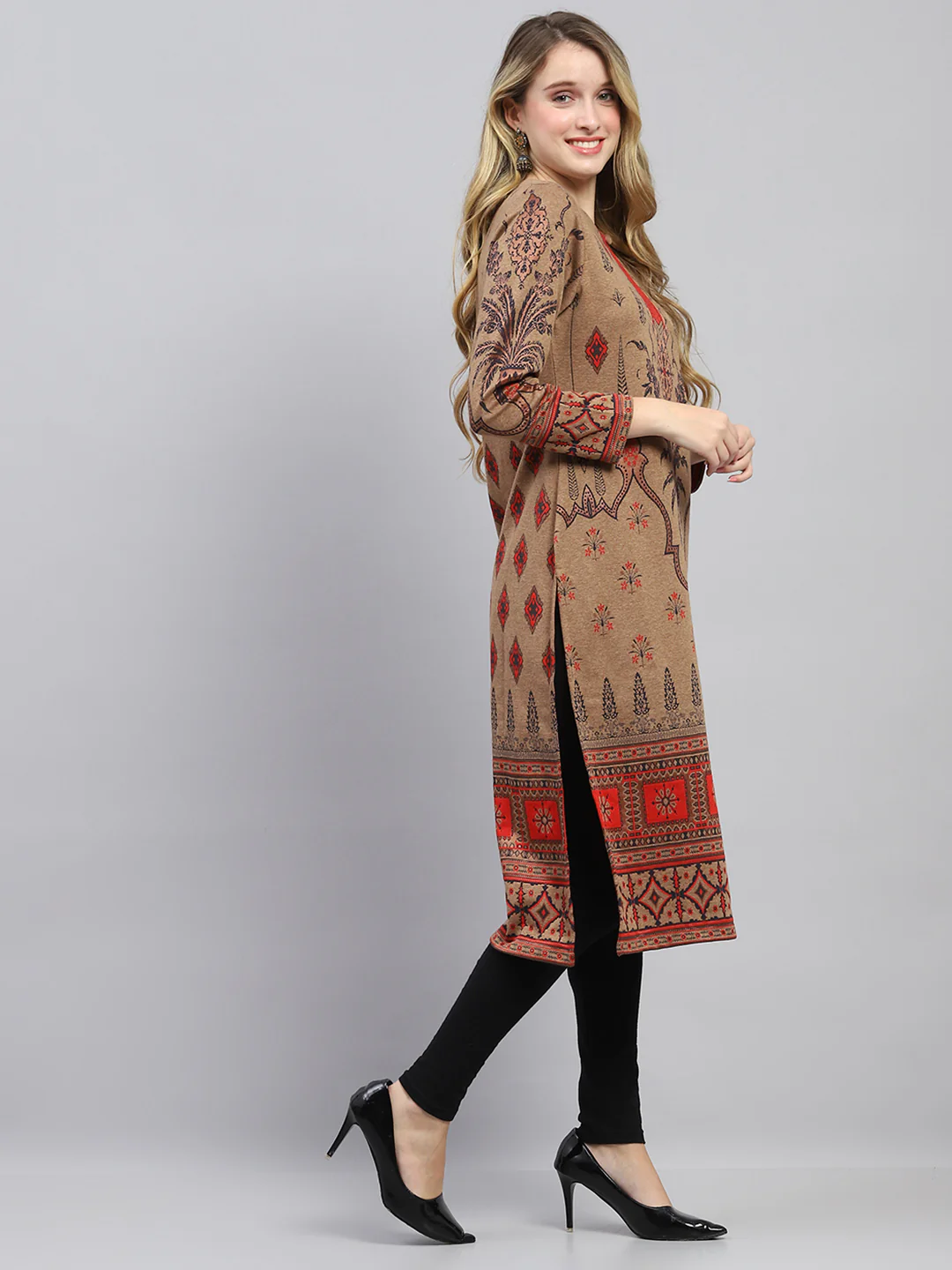 Women Camel Brown Self Design Round Neck Full Sleeve Winter Kurti - Image 4