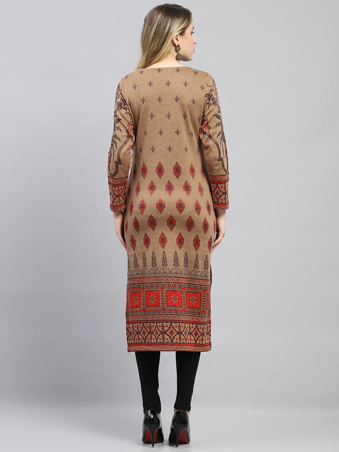 Women Camel Brown Self Design Round Neck Full Sleeve Winter Kurti - Image 5