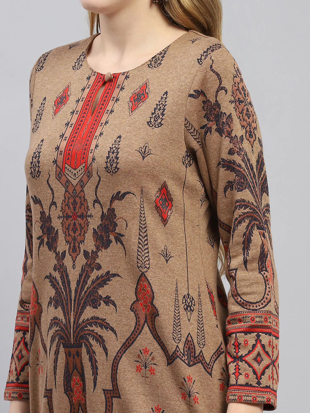 Women Camel Brown Self Design Round Neck Full Sleeve Winter Kurti - Image 6