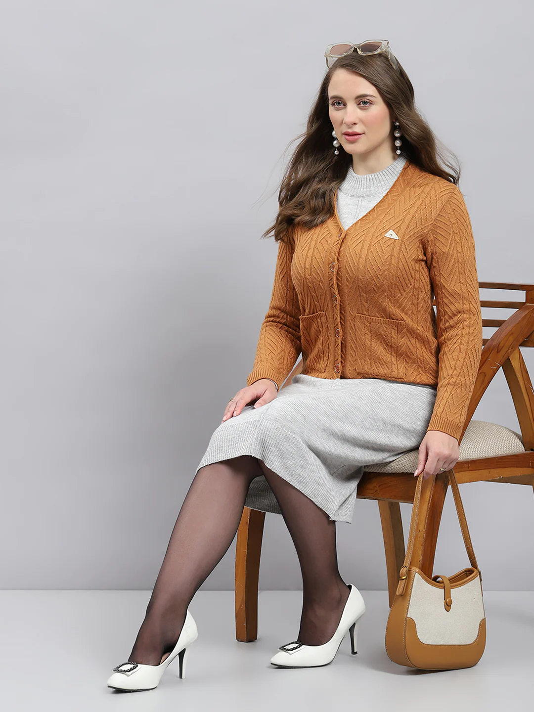 Women Camel Brown Self Design V Neck Full Sleeve Cardigan - Image 2