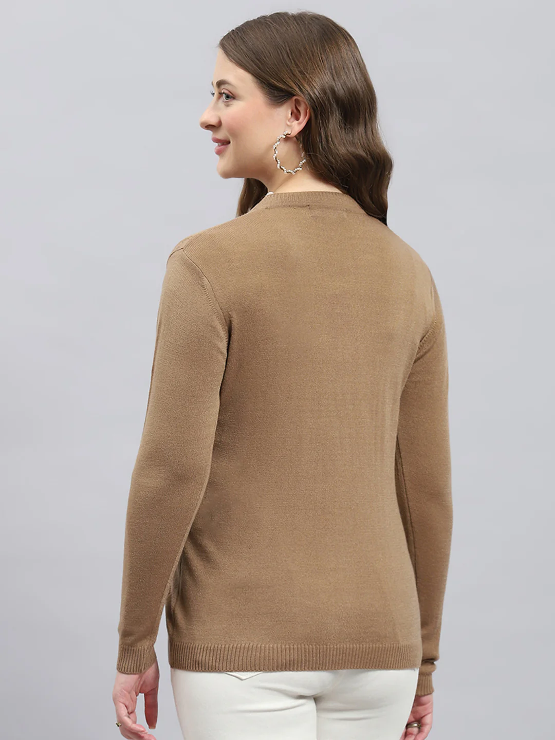 Women Camel Brown Self Design V Neck Full Sleeve Cardigan - Image 5
