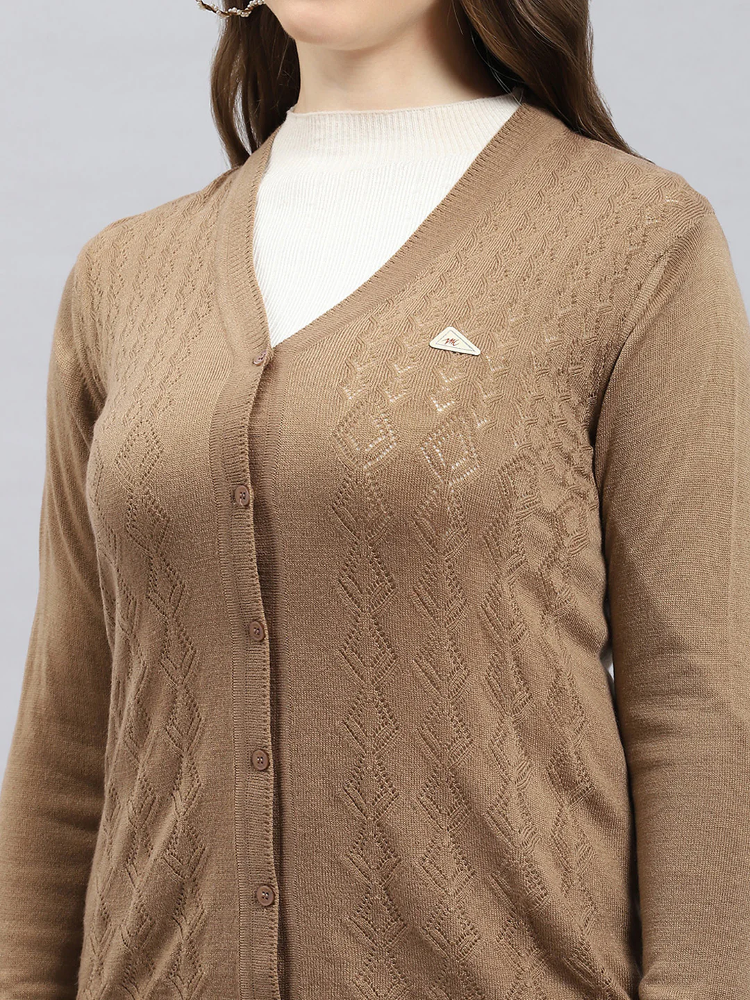 Women Camel Brown Self Design V Neck Full Sleeve Cardigan - Image 7