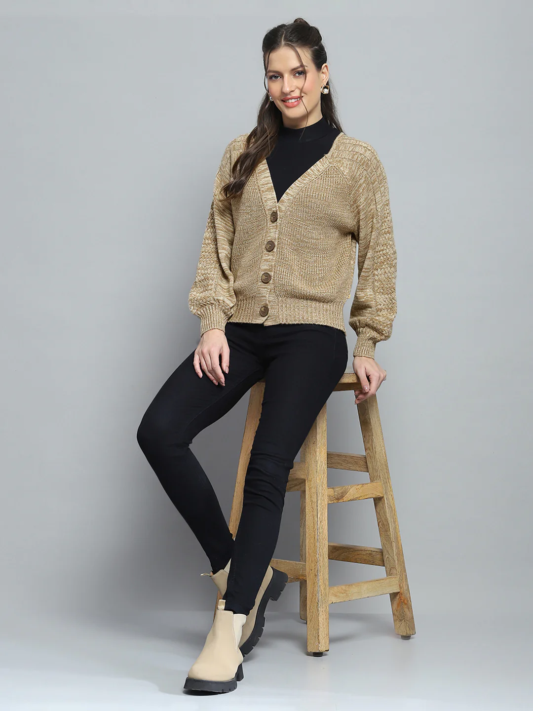 Women Camel Brown Self Design V Neck Full Sleeve Cardigan - Image 2