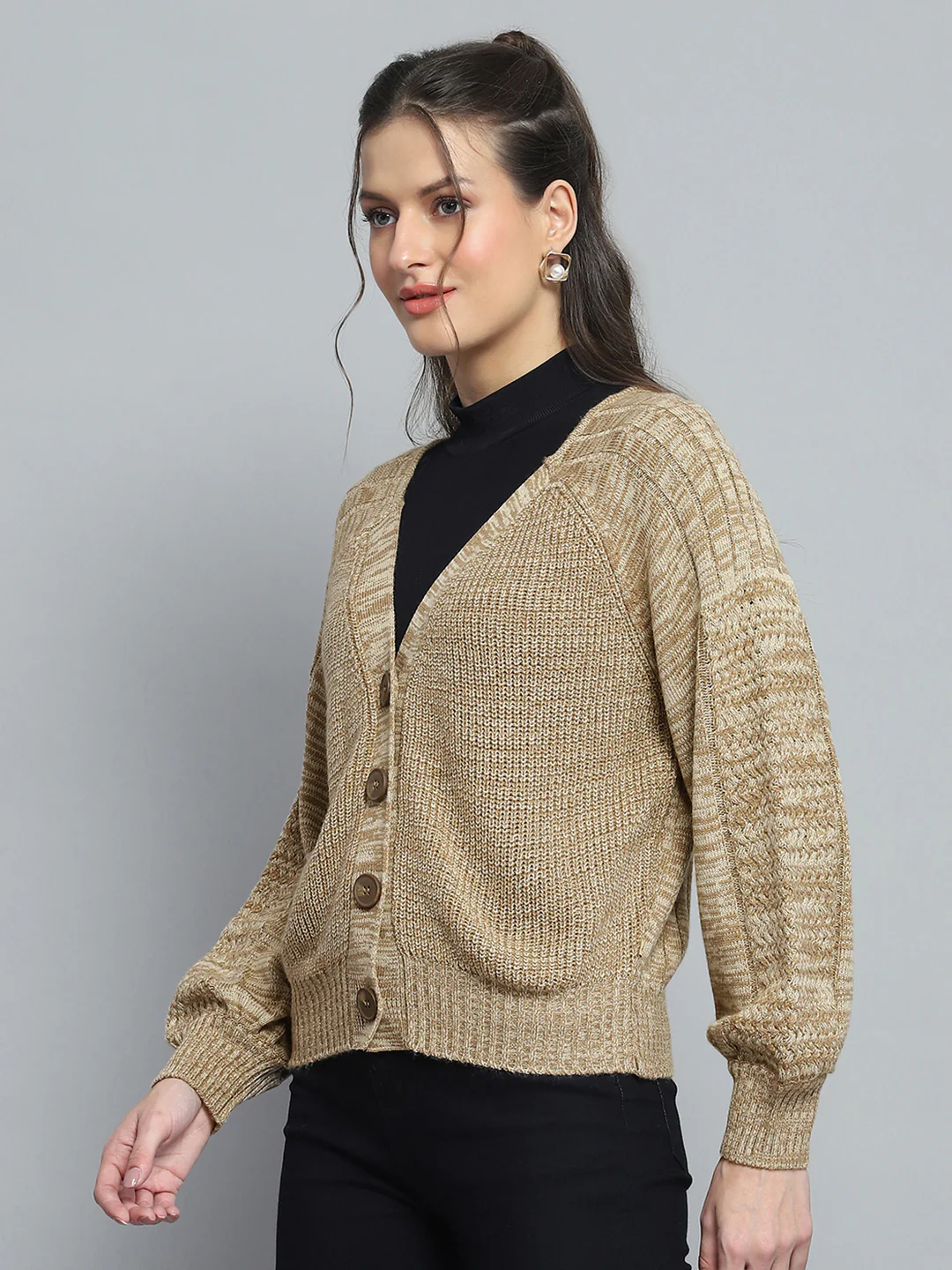 Women Camel Brown Self Design V Neck Full Sleeve Cardigan - Image 3