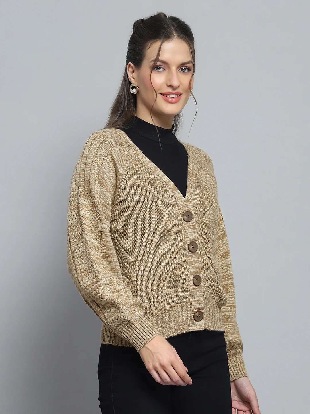 Women Camel Brown Self Design V Neck Full Sleeve Cardigan - Image 4