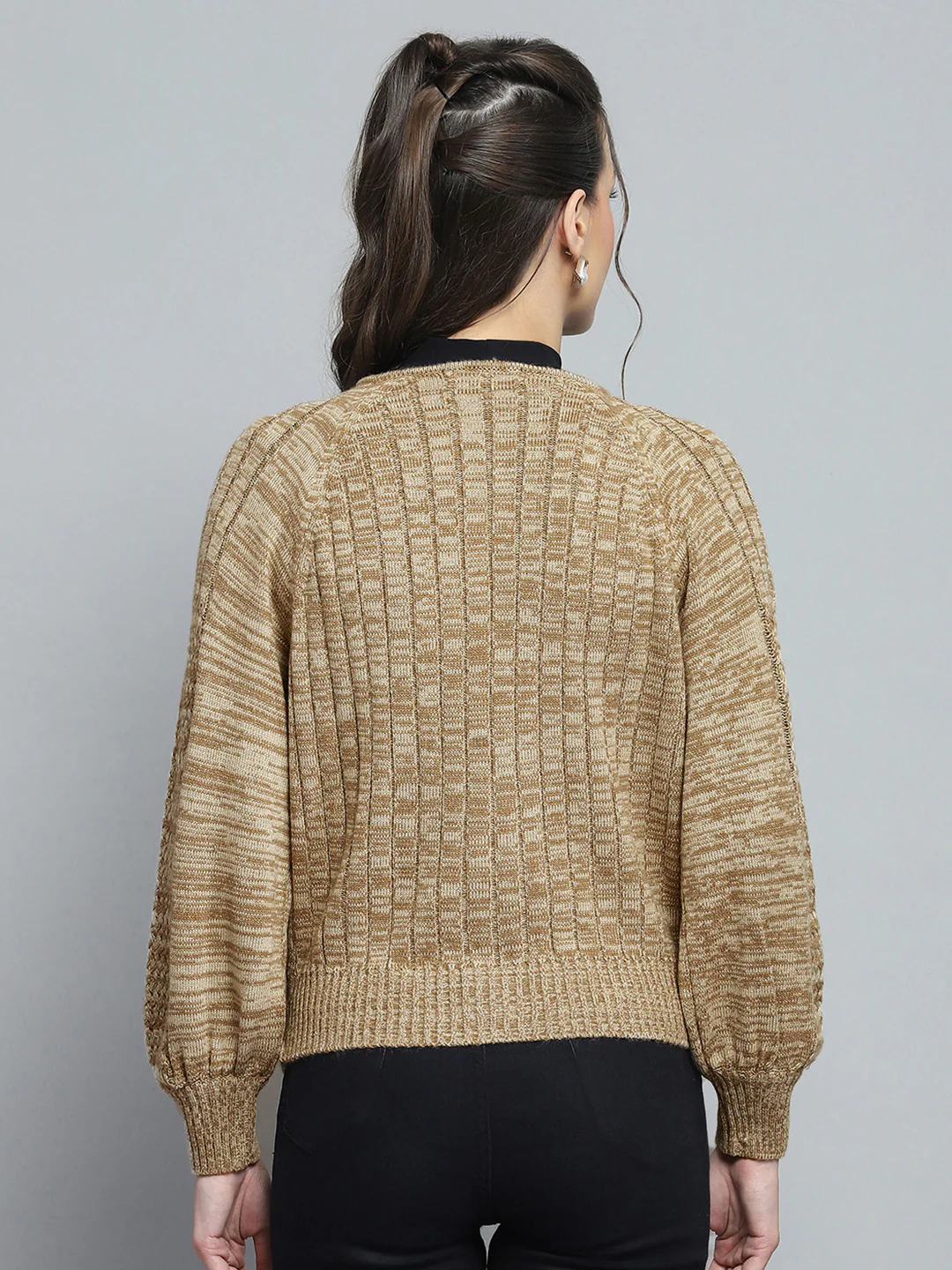Women Camel Brown Self Design V Neck Full Sleeve Cardigan - Image 5