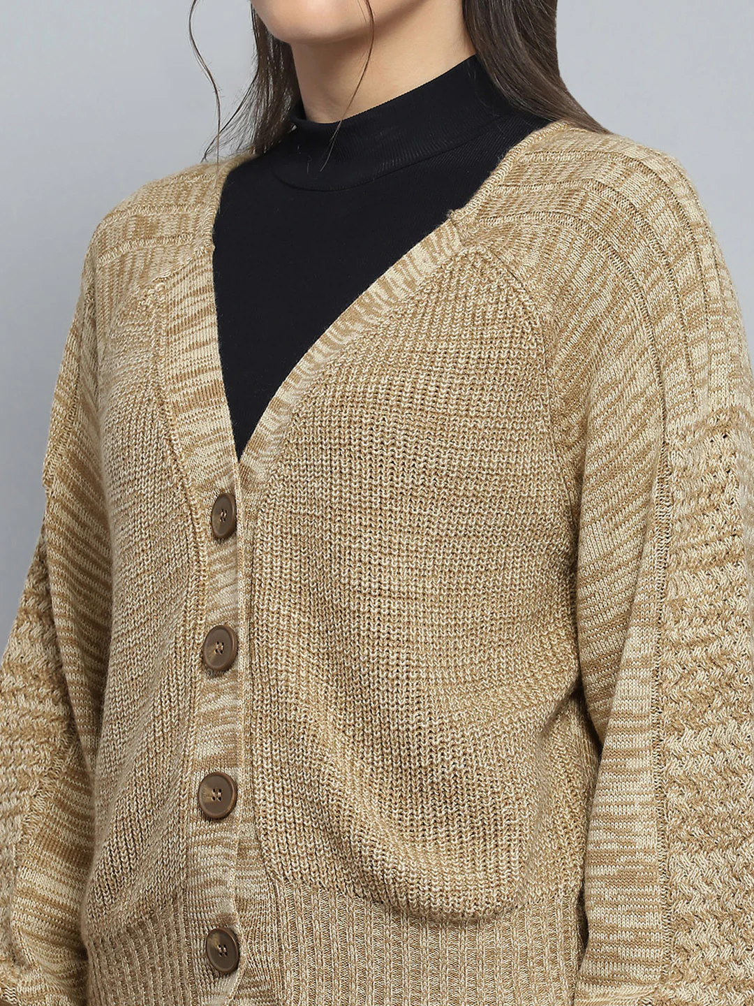 Women Camel Brown Self Design V Neck Full Sleeve Cardigan - Image 6