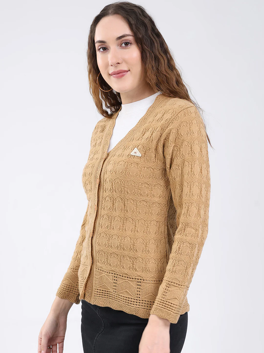 Women Camel Brown Self Design V Neck Full Sleeve Cardigan - Image 3