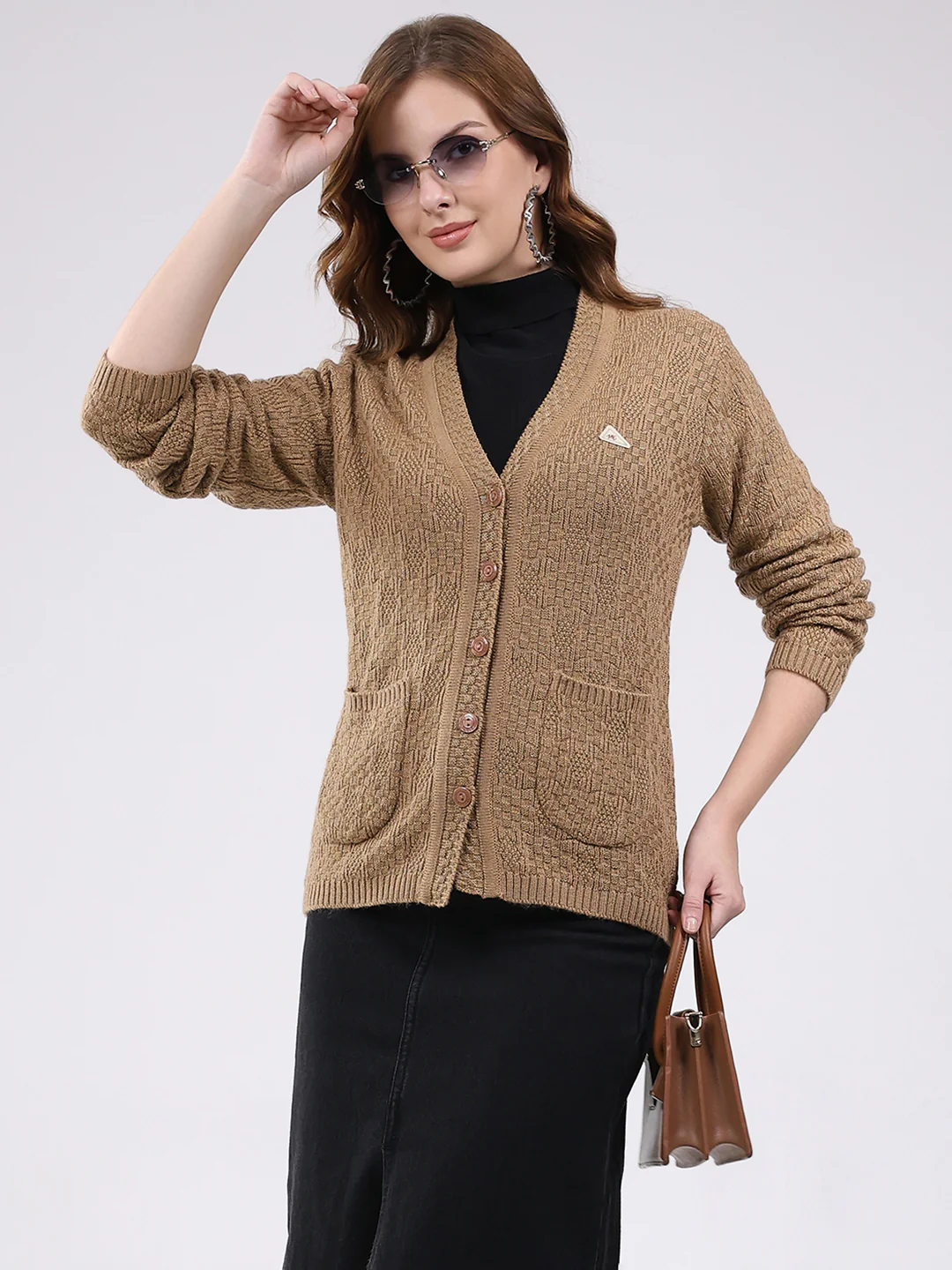 Women Camel Brown Self Design V Neck Full Sleeve Cardigan - Image 6