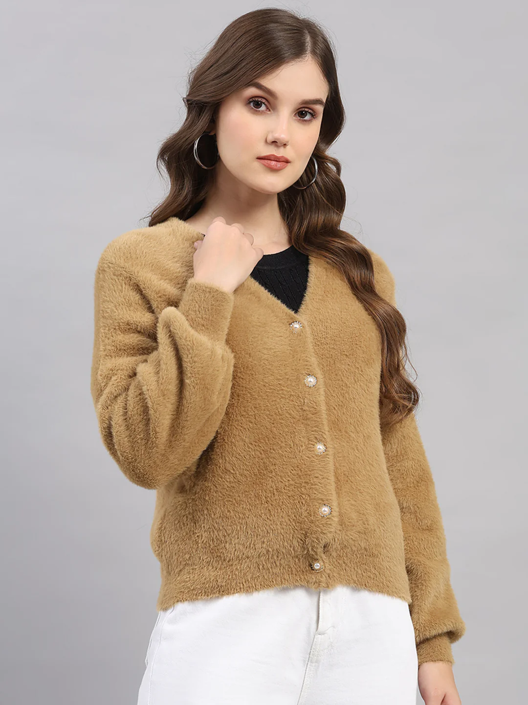 Women Camel Brown Self Design V Neck Full Sleeve Cardigan - Image 4
