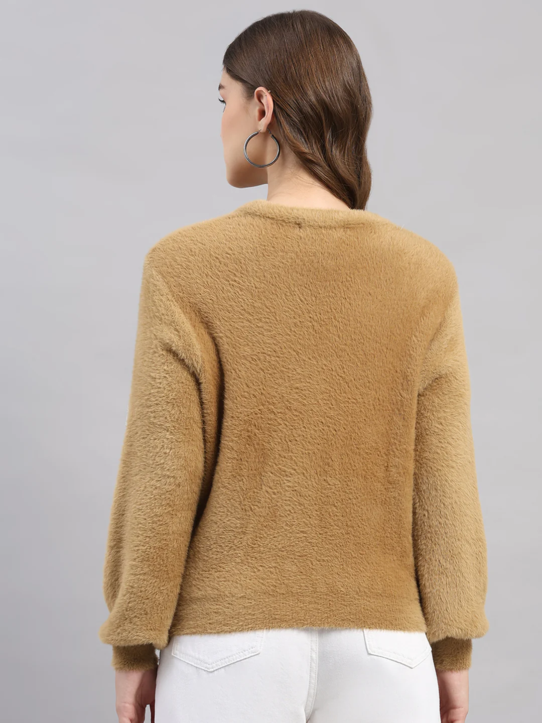 Women Camel Brown Self Design V Neck Full Sleeve Cardigan - Image 5