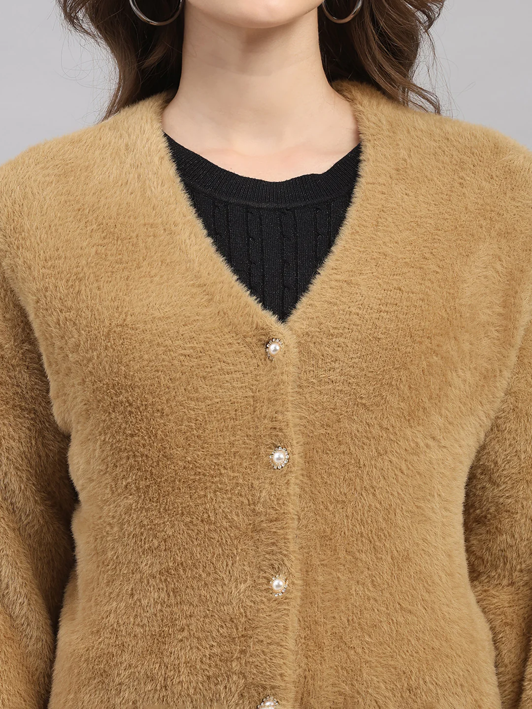 Women Camel Brown Self Design V Neck Full Sleeve Cardigan - Image 7