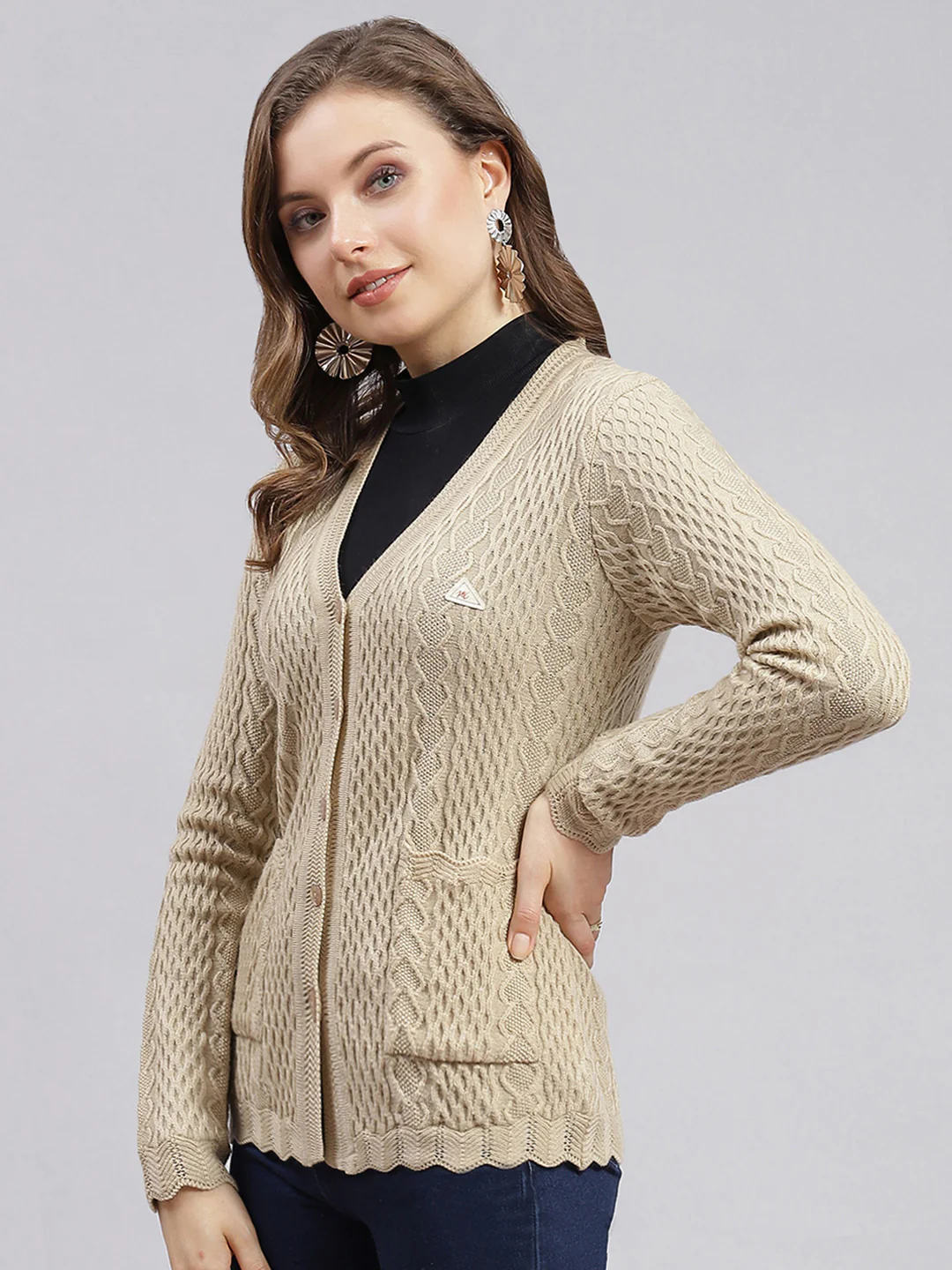 Women Camel Brown Self Design Wool blend Cardigan - Image 3