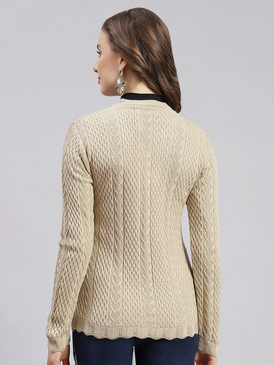 Women Camel Brown Self Design Wool blend Cardigan - Image 4