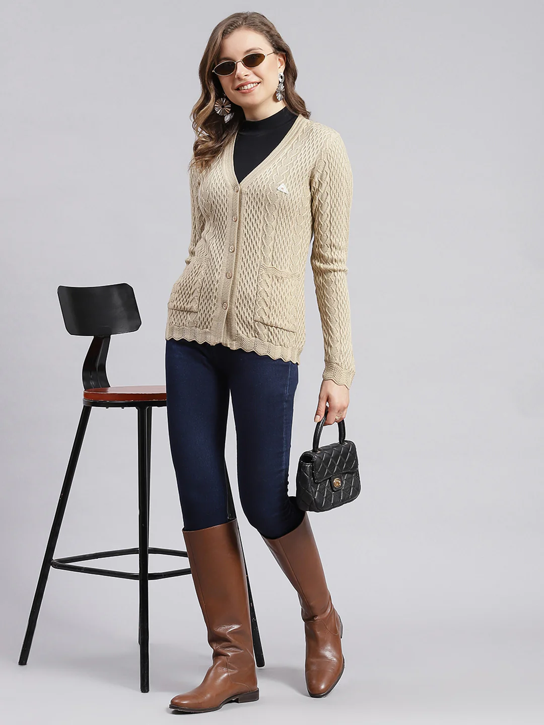 Women Camel Brown Self Design Wool blend Cardigan - Image 5