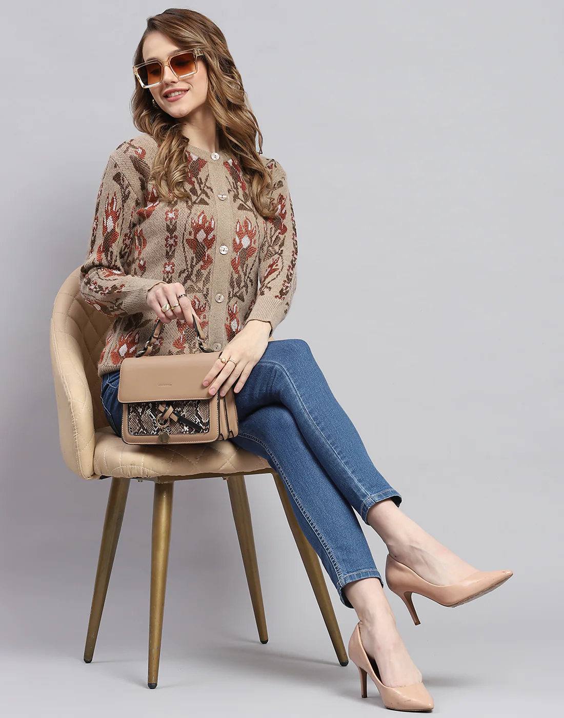 Women Camel Brown Self Design Round Neck Full Sleeve Cardigans - Image 2