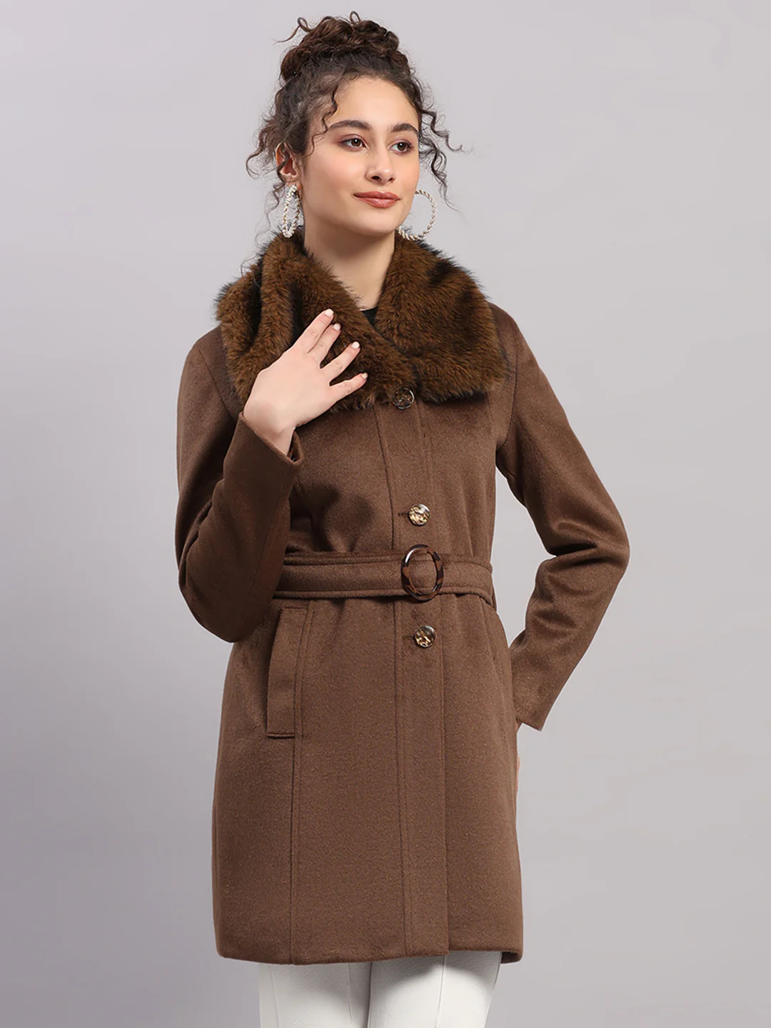 Women Camel Brown Solid Collar Full Sleeve Coat - Image 4
