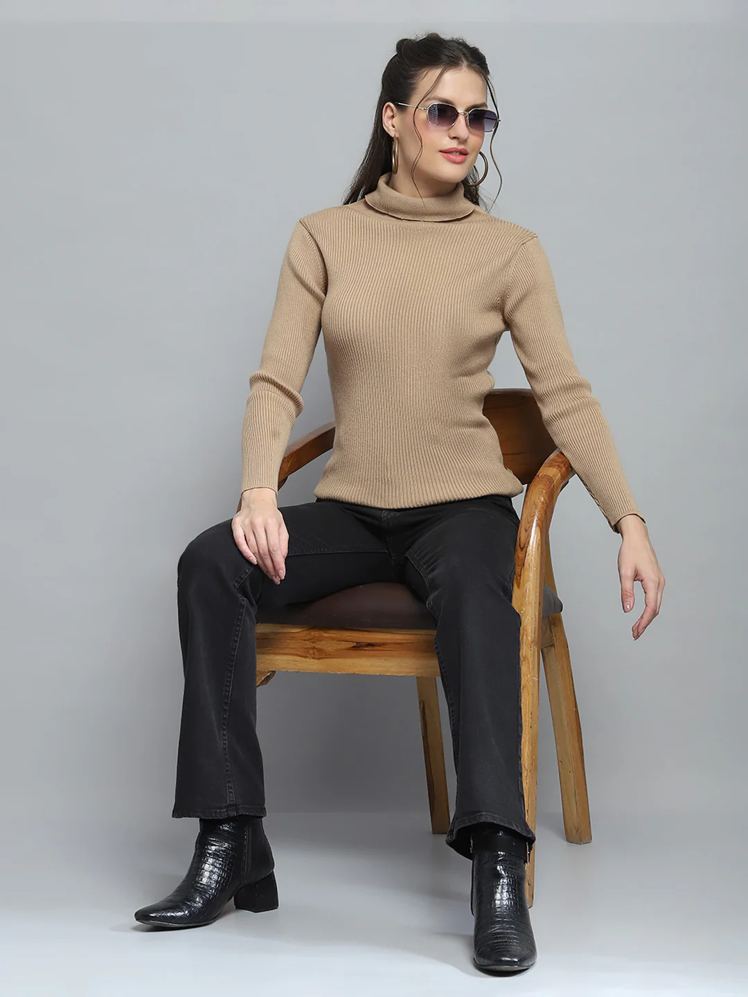 Women Camel Brown Solid High Neck Full Sleeve Sceavy - Image 2