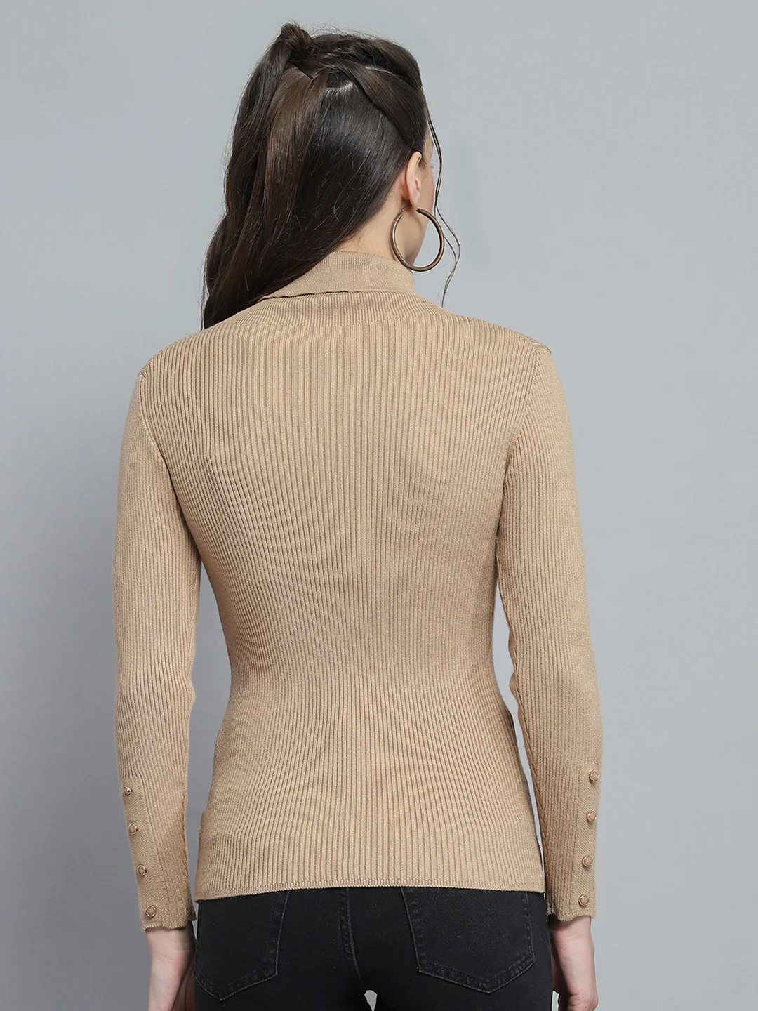 Women Camel Brown Solid High Neck Full Sleeve Sceavy - Image 5