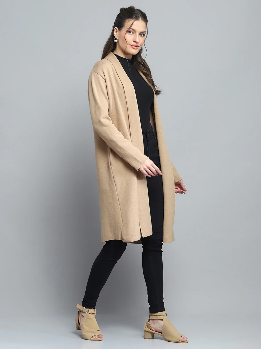 Women Camel Brown Solid Notch Lapel Collar Full Sleeve Cardigan - Image 4