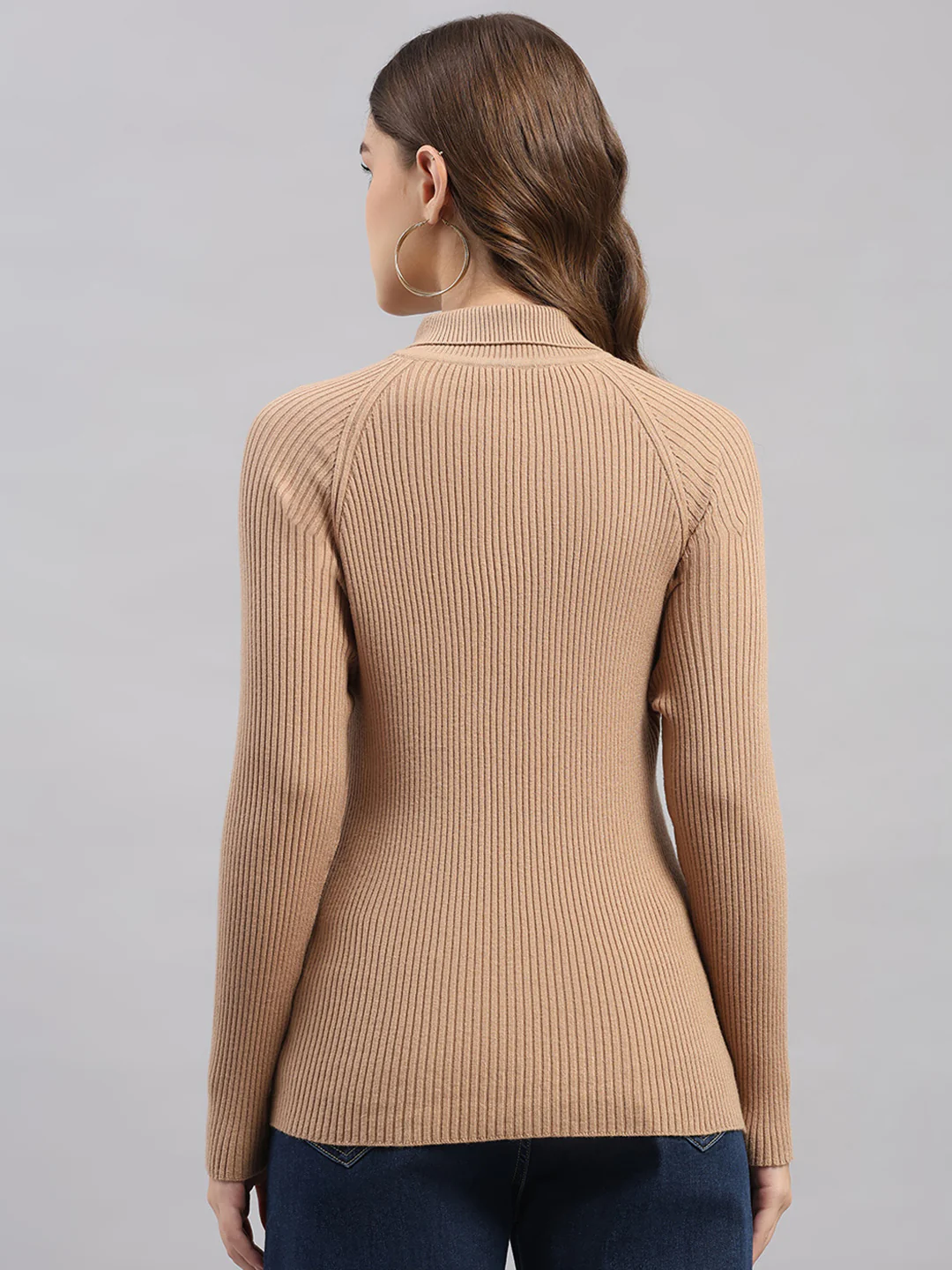 Women Camel Brown Solid Round Neck Full Sleeve Sceavy - Image 5