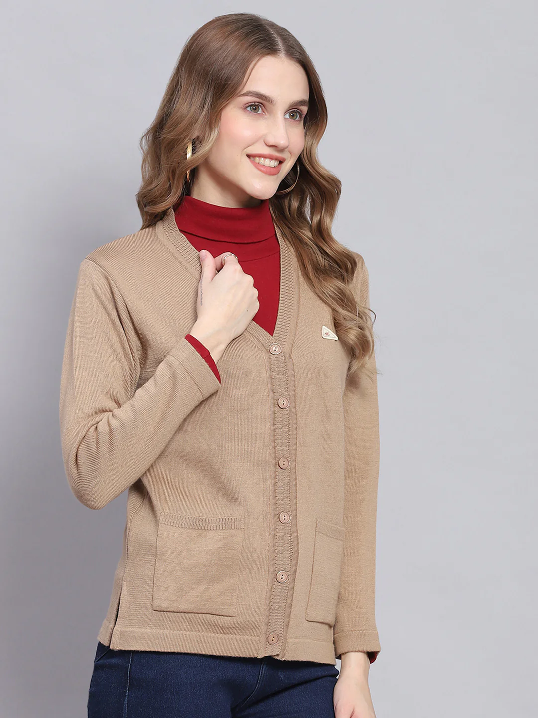 Women Camel Brown Solid V Neck Full Sleeve Cardigans - Image 4