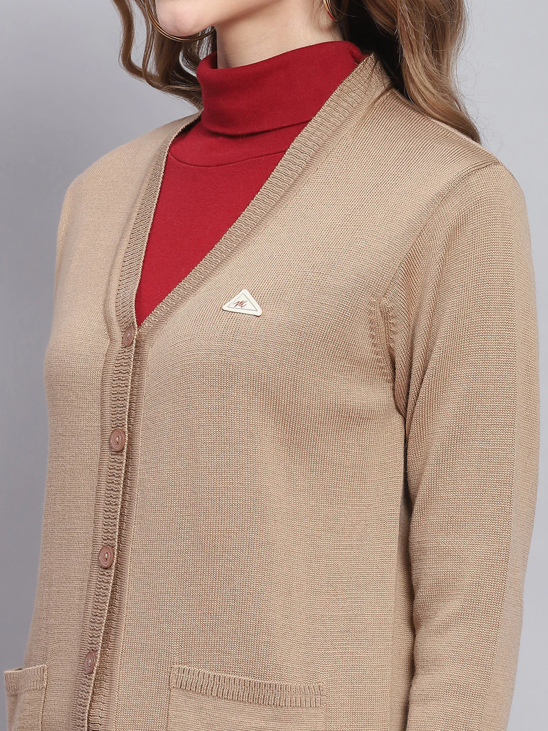 Women Camel Brown Solid V Neck Full Sleeve Cardigans - Image 6