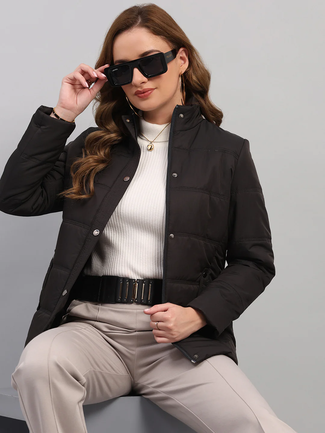 Women Charcoal Solid Collar Full Sleeve Jacket - Image 6