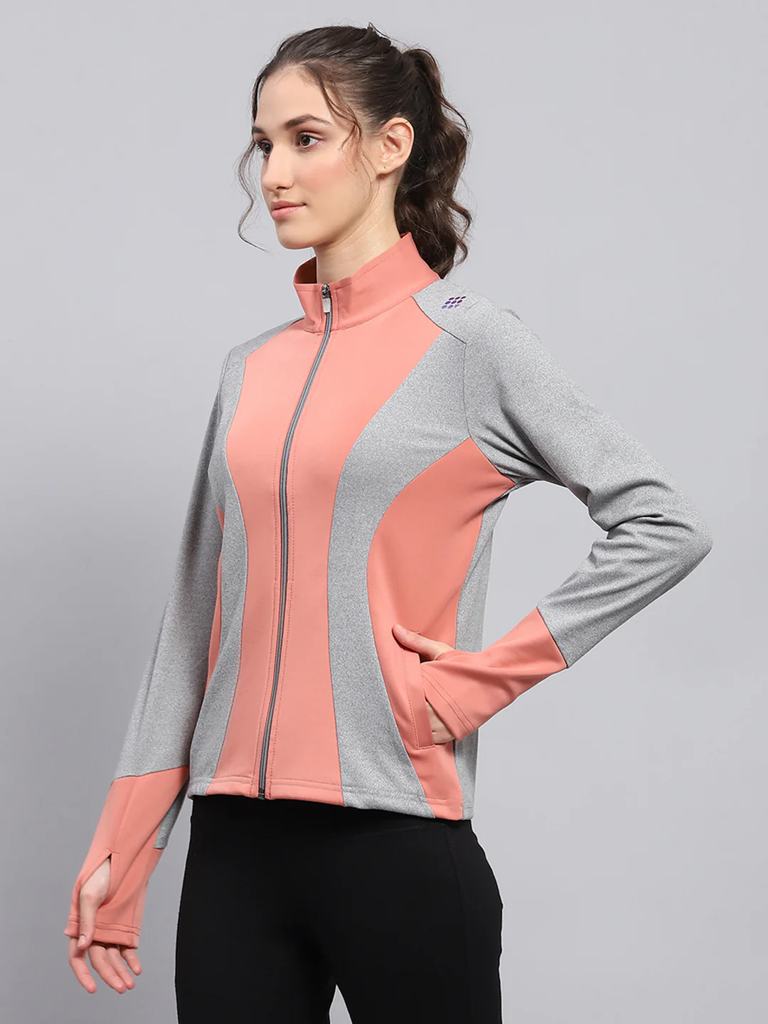 Rock.it Women Coral & Grey Solid Mock Neck Full Sleeve Sweatshirt - Image 3