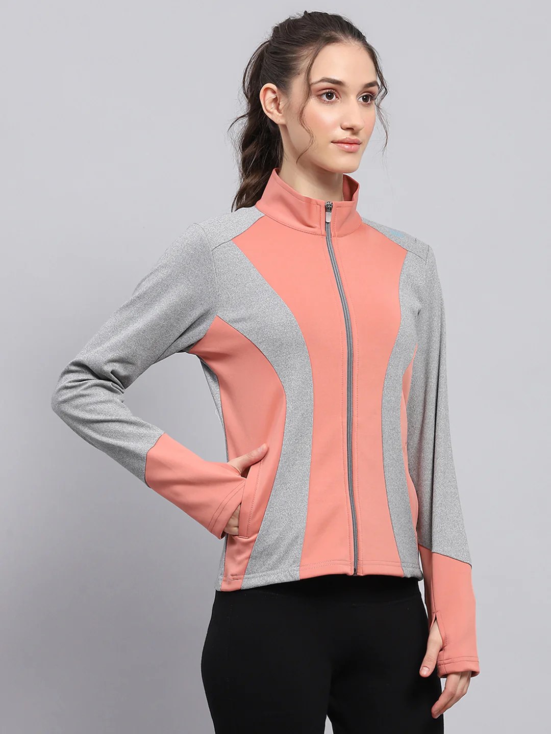 Rock.it Women Coral & Grey Solid Mock Neck Full Sleeve Sweatshirt - Image 4