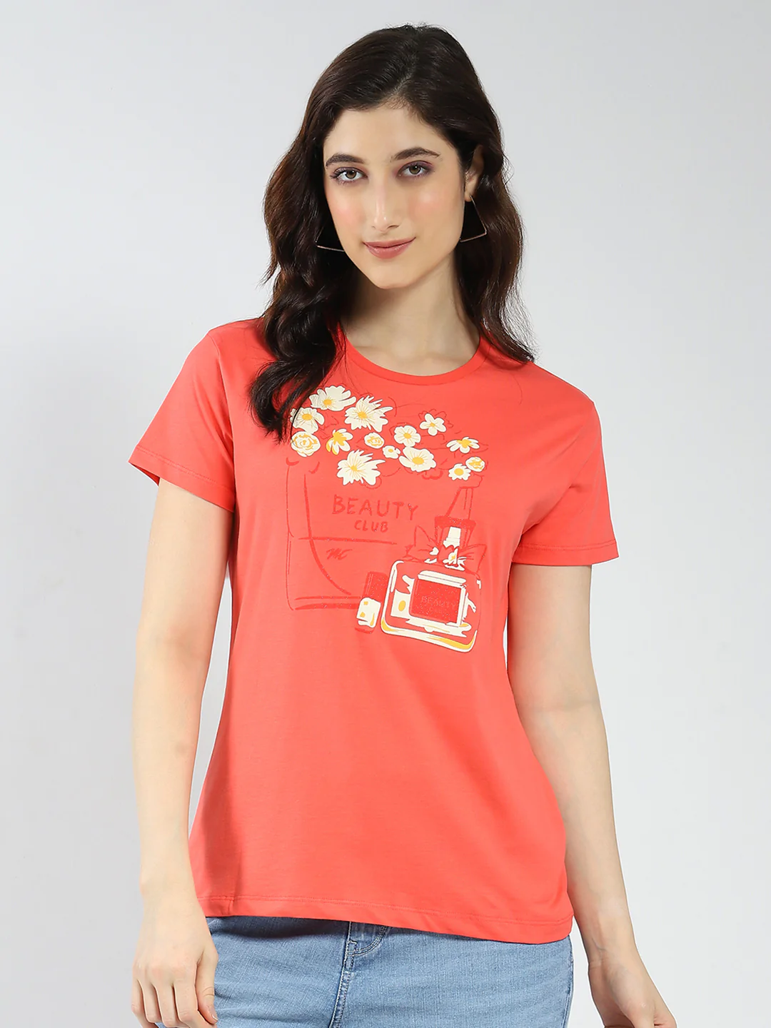 Women Coral & Mustard Printed Round Neck Half Sleeve Top 2Pc Set - Image 4