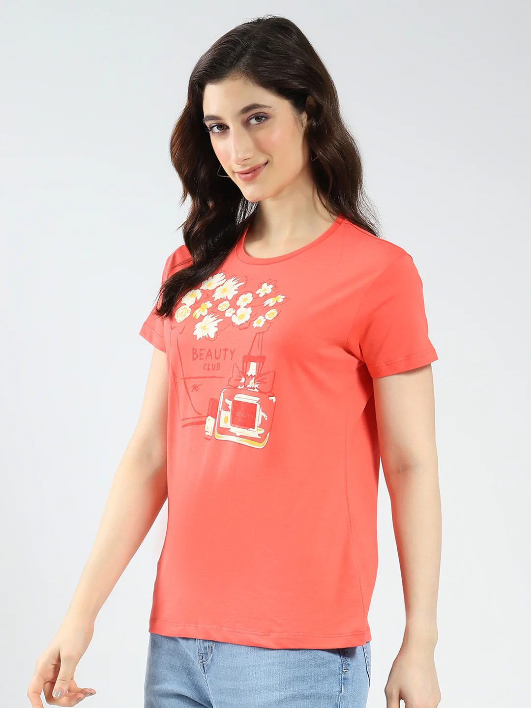 Women Coral & Mustard Printed Round Neck Half Sleeve Top 2Pc Set - Image 5