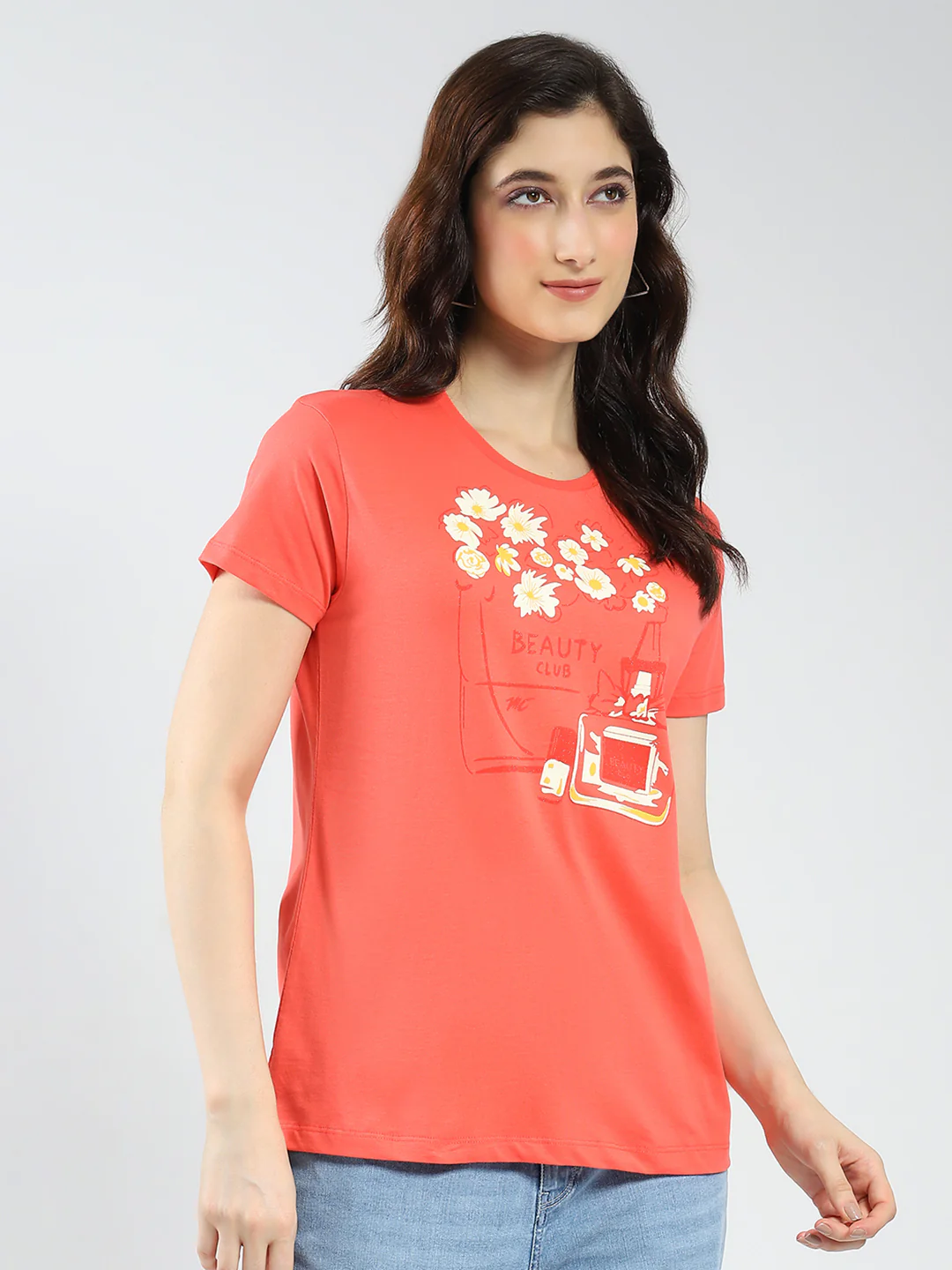Women Coral & Mustard Printed Round Neck Half Sleeve Top 2Pc Set - Image 6