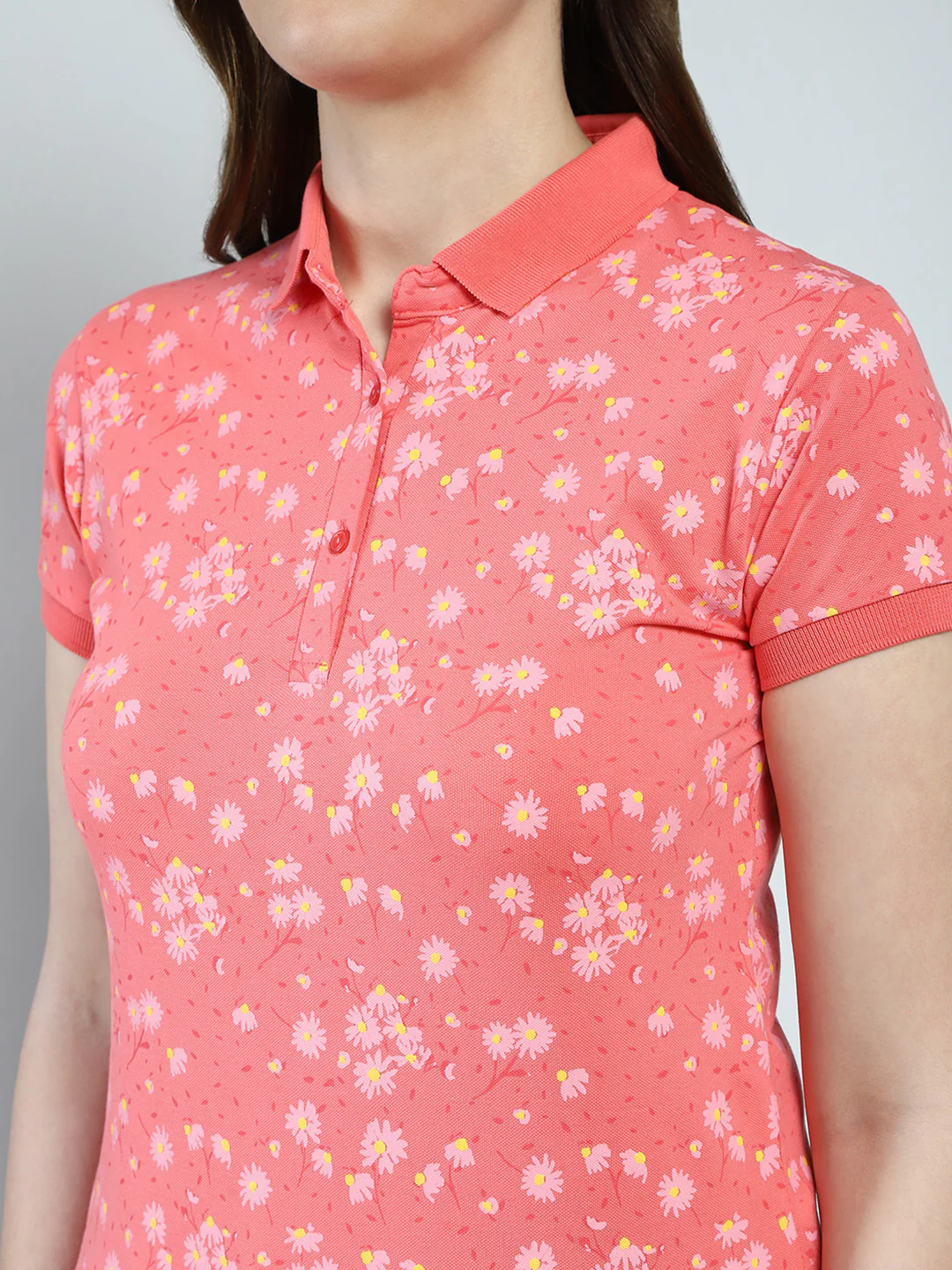 Women Coral Printed Collar Half Sleeve T-Shirt - Image 7