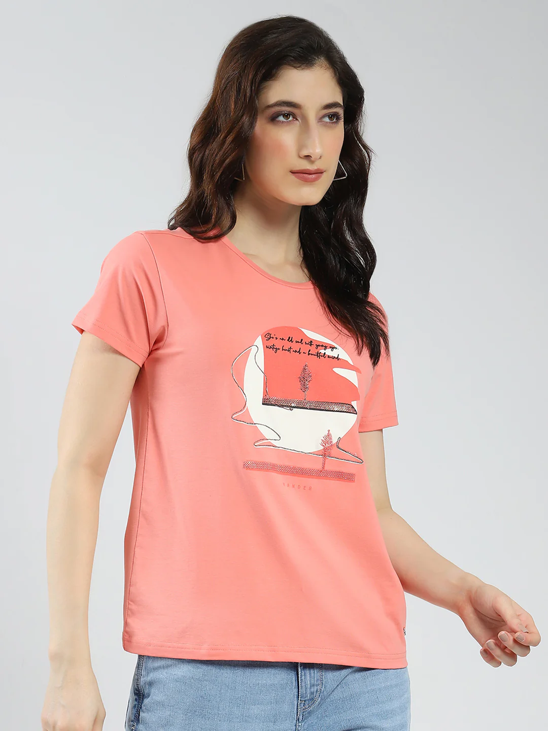 Women Coral Printed Round Neck Half Sleeve Top - Image 4