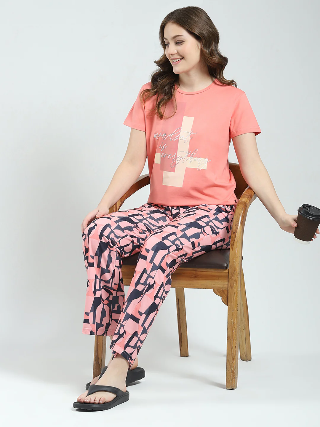 Women Coral Printed Round Neck Half Sleeve Lower Set - Image 2