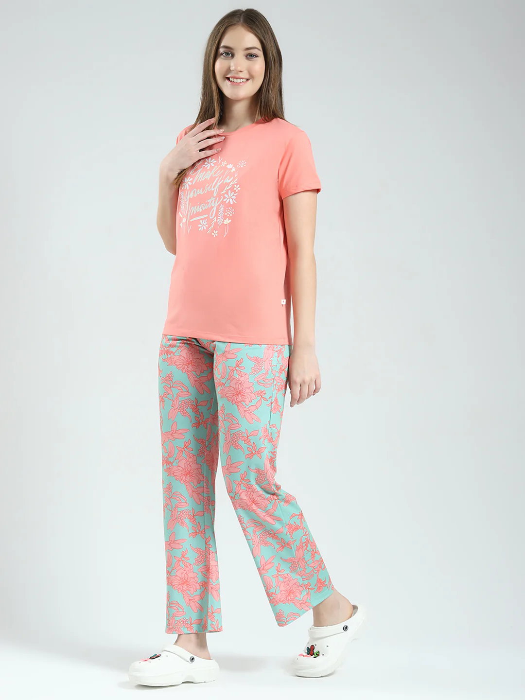 Women Coral Printed Round Neck Half Sleeve Lower Set - Image 3
