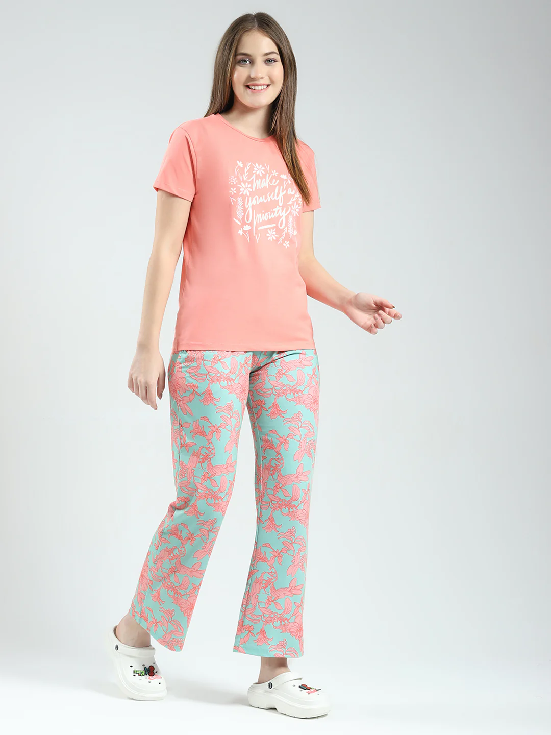 Women Coral Printed Round Neck Half Sleeve Lower Set - Image 4