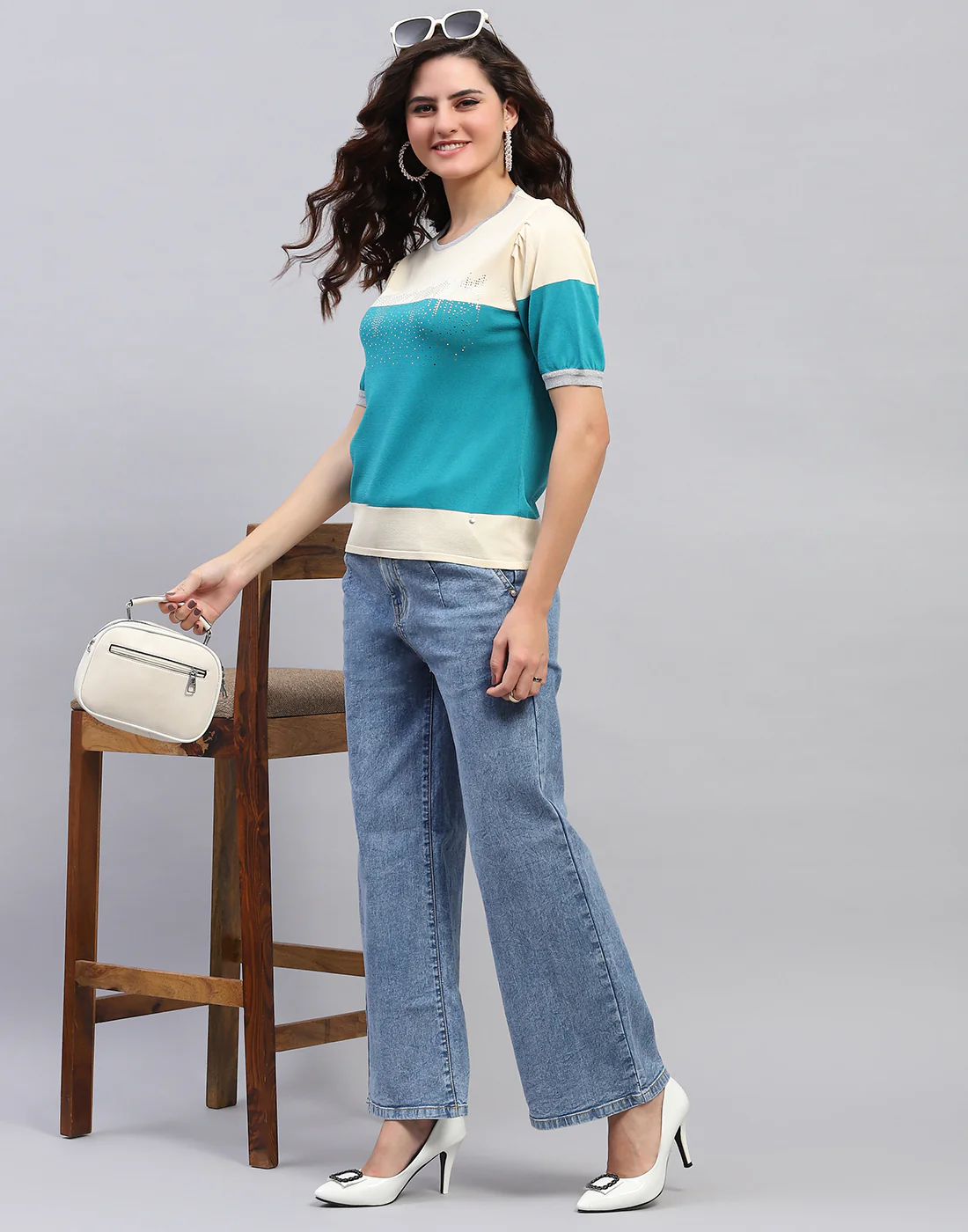 Women Cream Colourblocked Round Neck Half Sleeve Top - Image 3