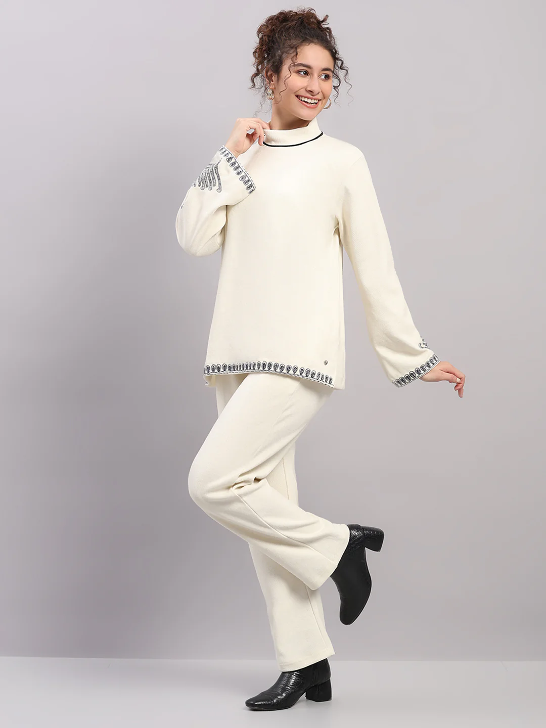 Women Cream Embroidered Turtle Neck Full Sleeve Cords Set - Image 3