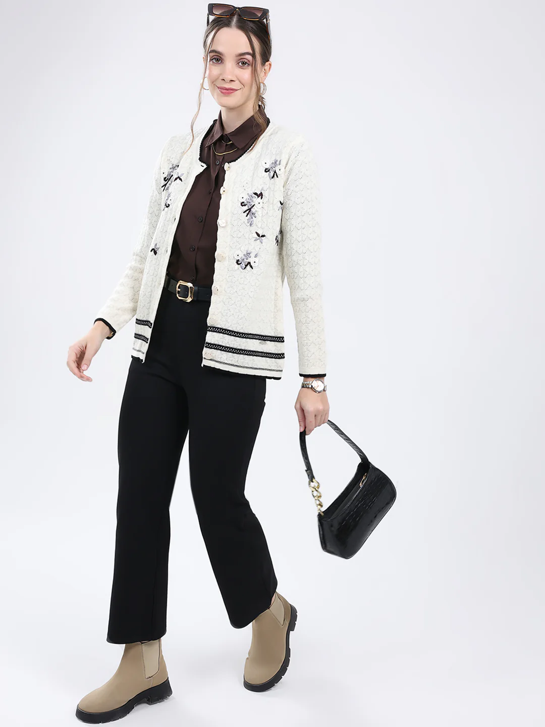 Women Cream Embroidered Round Neck Full Sleeve Cardigan - Image 2