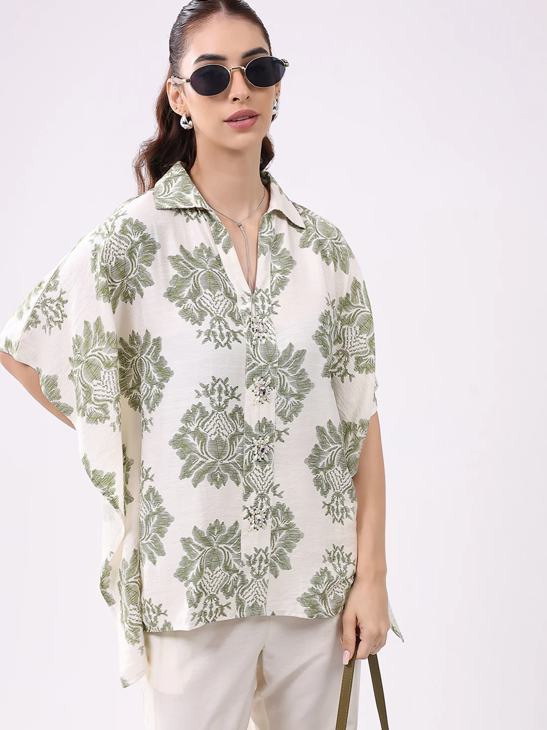 Women Cream Printed Collar 3/4th Sleeve Cords Set - Image 2