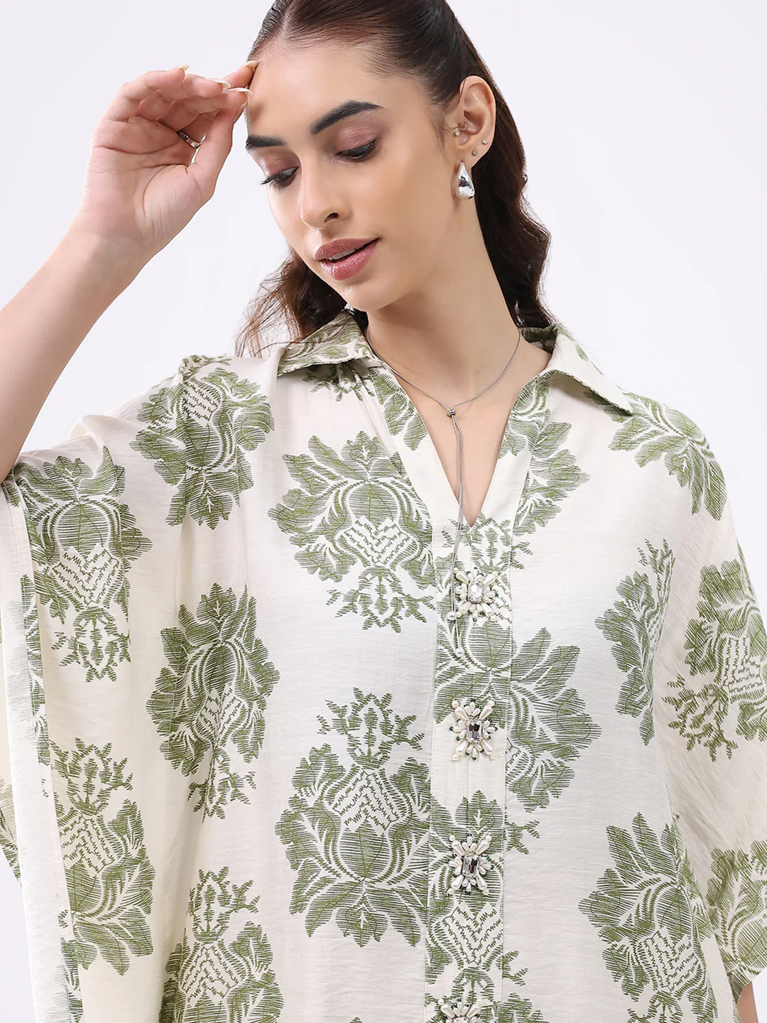 Women Cream Printed Collar 3/4th Sleeve Cords Set - Image 3