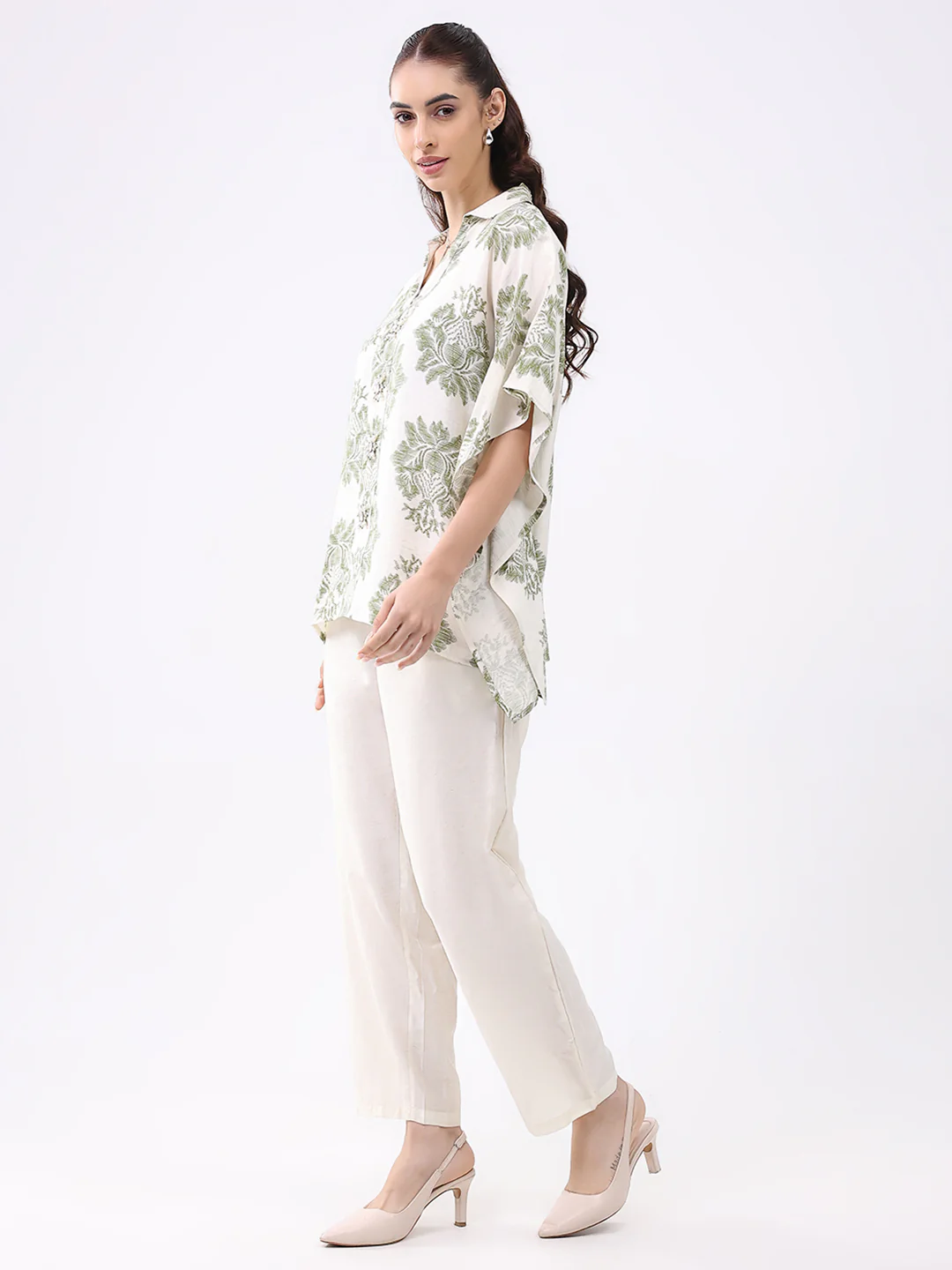 Women Cream Printed Collar 3/4th Sleeve Cords Set - Image 5