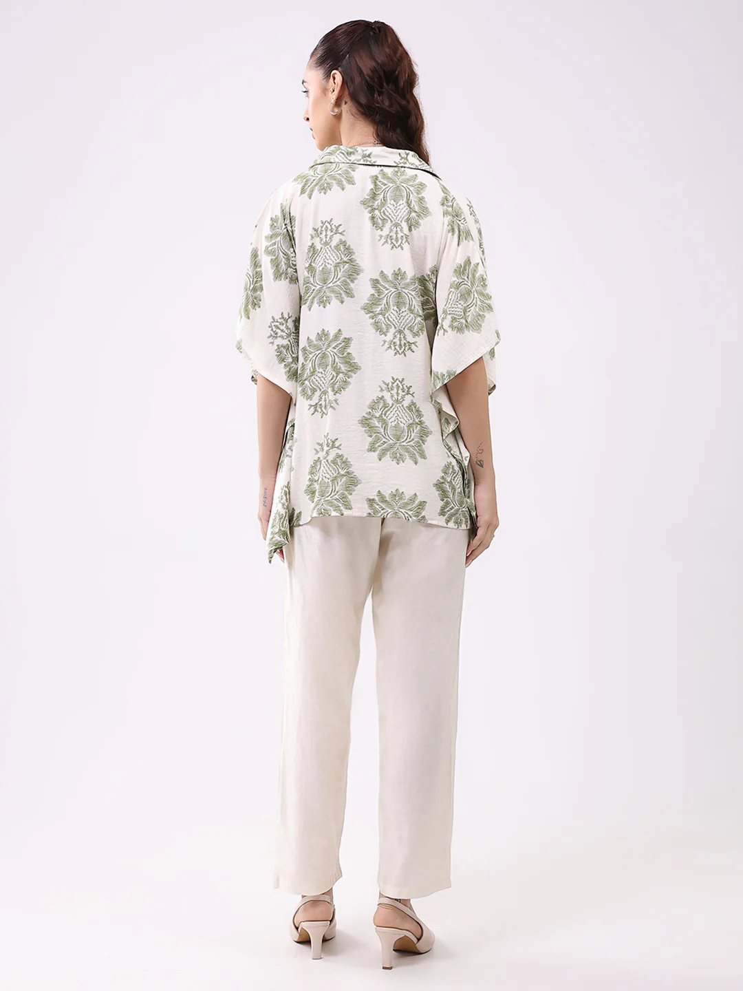 Women Cream Printed Collar 3/4th Sleeve Cords Set - Image 7