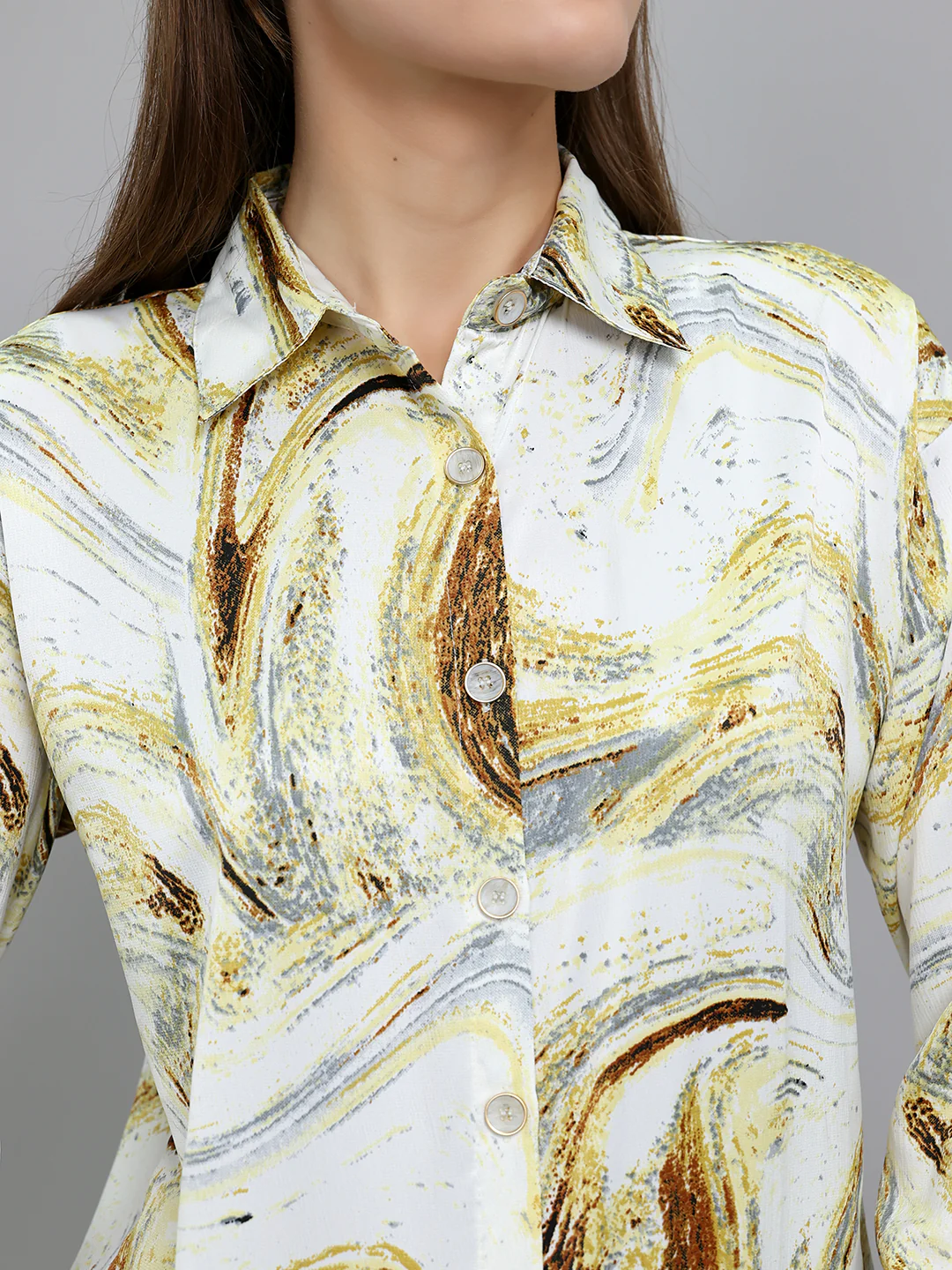 Women Cream Printed Collar Full Sleeve Top - Image 5